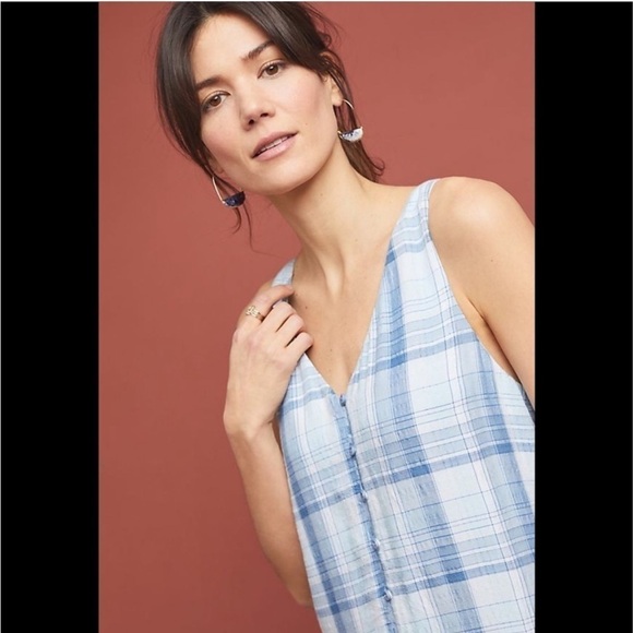 Anthropologie Cloth & Stone Blue Plaid Checkered Button Up Shift Tunic Dress XS - Picture 7 of 11